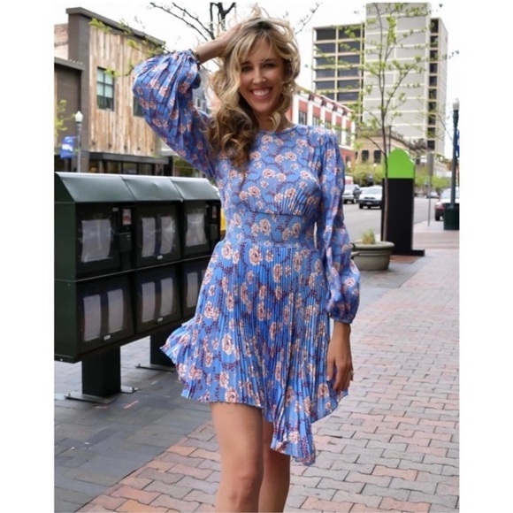 A.L.C. Dress Behati Mini Asymmetric Pleated in Blue Floral - Picture 2 of 8